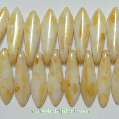 Margele sticla Cehia, presate, albe, electroplacate, frunzulita 16x5x3mm
