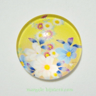 Cabochon sticla, galben cu flori, 18x5mm
