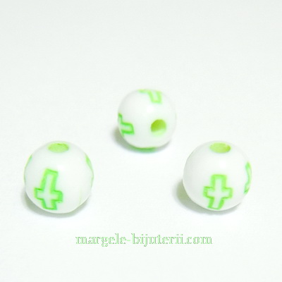  Margele plastic alb cu cruciulite verde-neon, 6mm