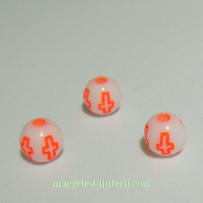 Margele plastic alb cu cruciulite portocaliu-neon, 6mm