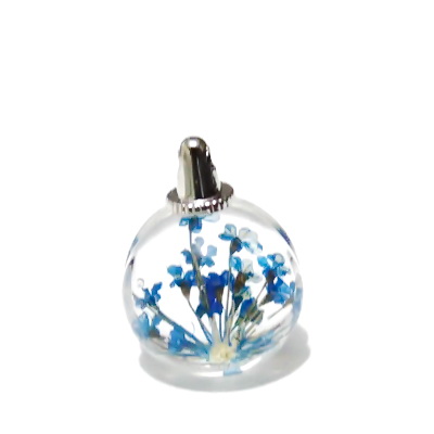 Pandantiv sticla, sferic, 20x15mm, interior floare albastra