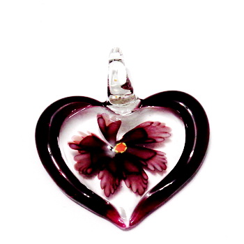 Pandantiv  Lampwork, inima transparenta cu interior floare mov, 45x42x10mm