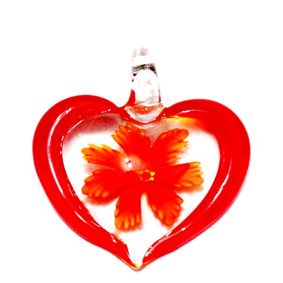 Pandantiv  Lampwork, inima transparenta cu interior floare rosie, 45x42x10mm