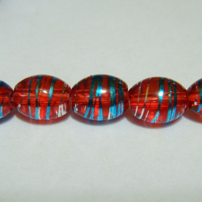 Margele sticla ovale rosii cu albastru si argintiu 8x6 mm