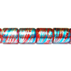 Margele sticla cilindrice rosii cu albastru si argintiu 7x8mm