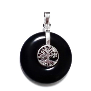 Pandantiv obsidian negru cu accesoriu cu copacul vietii, 35.5x30x8.5~9.5mm