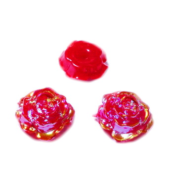 Cabochon plastic ABS, rosii cu reflexe AB, floare 15x16x6.5mm, baza 11-12mm