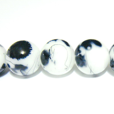 Margele sticla albe vopsite cu pete negre, 12mm