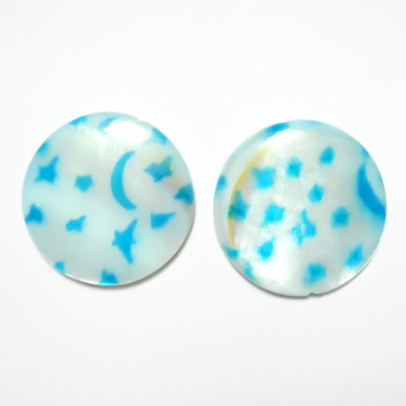 Perle plate sidef alb cu bleu, 30x4mm, orificiu 1mm