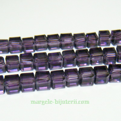 Margele sticla violet, cubice cu muchii tesite, 6x6mm