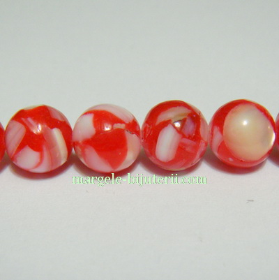 Perle sidef sferice, rosii cu alb, 8mm
