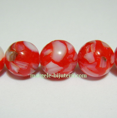 Perle sidef sferice, rosii cu alb, 10mm