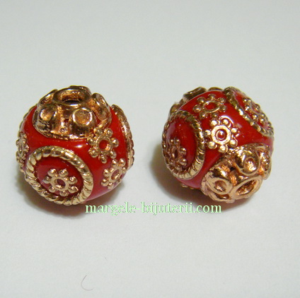 Margele indoneziene, rosii, lucrate manual, accesorii aurii, 14mm