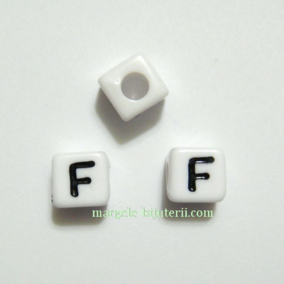 Margele alfabet, plastic alb, cubice 7x7x7mm, litera F