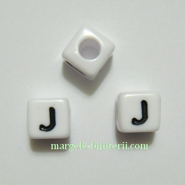 Margele alfabet, plastic alb, cubice 8x8x8mm, litera J