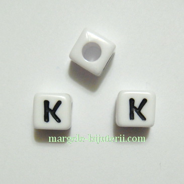 Margele alfabet, plastic alb, cubice 8x8x8mm, litera K