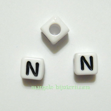 Margele alfabet, plastic alb, cubice 8x8x8mm, litera N