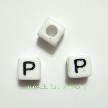 Margele alfabet, plastic alb, cubice 8x8x8mm, litera P