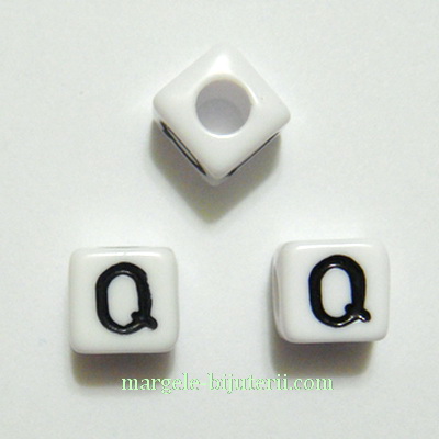 Margele alfabet, plastic alb, cubice 8x8x8mm, litera Q