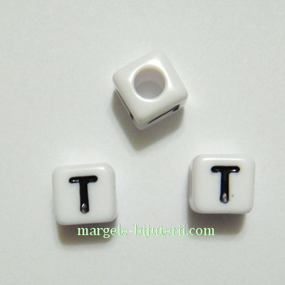 Margele alfabet, plastic alb, cubice 7x7x7mm, litera T