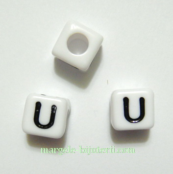 Margele alfabet, plastic alb, cubice 8x8x8mm, litera U