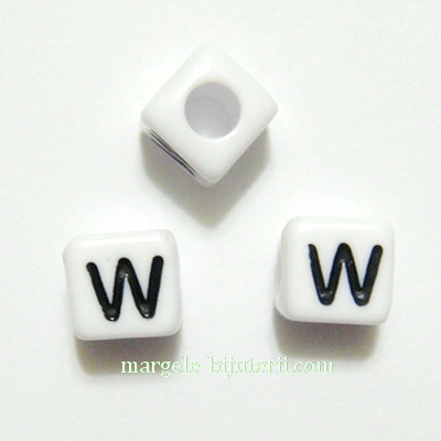 Margele alfabet, plastic alb, cubice 8x8x8mm, litera W
