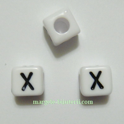 Margele alfabet, plastic alb, cubice 8x8x8mm, litera X