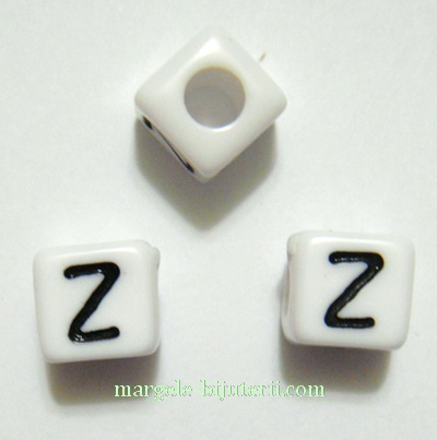 Margele alfabet, plastic alb, cubice 8x8x8mm, litera Z