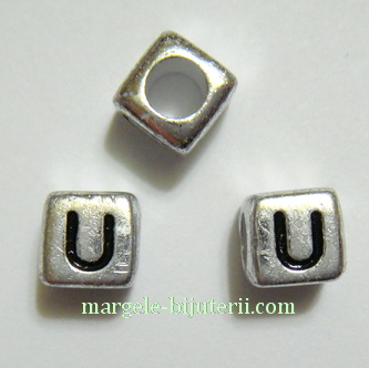 Margele alfabet, plastic argintiu, cubice 6x6x6mm, litera U