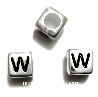 Margele alfabet, plastic argintiu, cubice 6x6x6mm, litera W