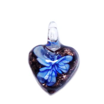 Pandantiv Murano negru cu floare albastra, inima 27x20x11mm