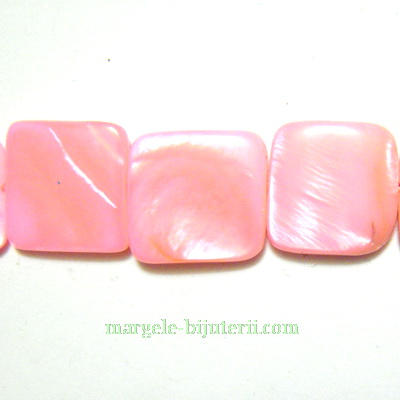 Perle sidef, plate, roz, patrat 15x15x3mm