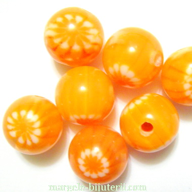 Margele rasina, portocalii cu floricele albe, 12mm