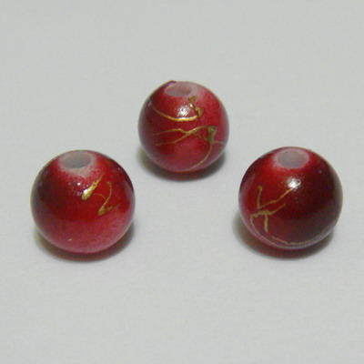 Margele plastic rosu inchis cu auriu, 8mm