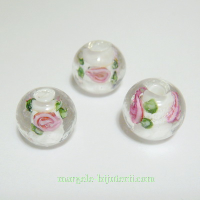 Margele sticla, lampwork, albe cu floricele roz, 12mm