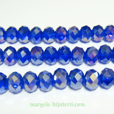 Margele sticla, multifete, albastru cobalt AB, 8x6mm 1 buc
