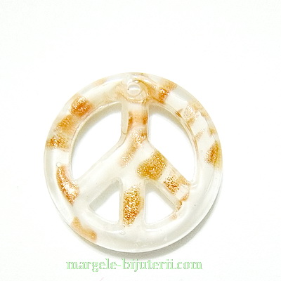 Pandantiv Murano, timona, alb cu auriu, 25x4.5mm