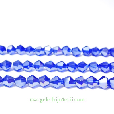 Margele sticla, biconice, albastru-cobalt,  AB, 4mm 10 buc