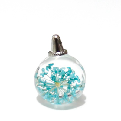 Pandantiv sticla, sferic, 20x15mm, interior floare bleu