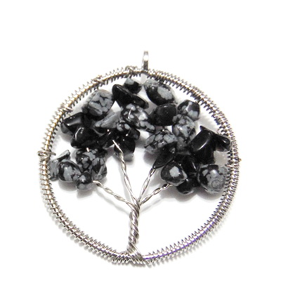 Pandantiv rotund, cu chips obsidian fulg de nea, copacul vietii, 55x50x3.5mm