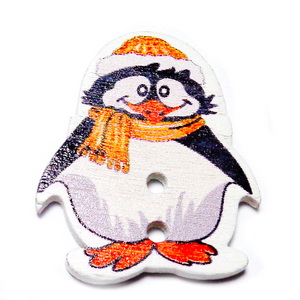 Nasturi lemn, pinguin cu fular portocaliu inchis, 29x25x2.5mm