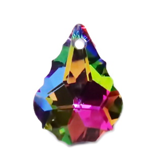 Pandantiv sticla, cu reflexe multicolore, fatetat, frunza 22x15.5x8.5mm