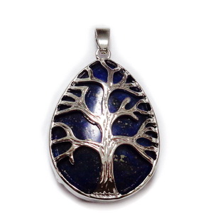 Pandantiv metalic, argintiu inchis, copacul vietii, cu cabochon lapis lazuli, lacrima 45x26mm 