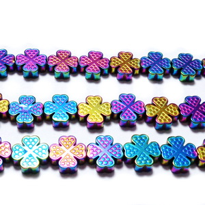 Margele hematite, placate multicolor, trifoi cu 4 foi, 8x8x2.5mm