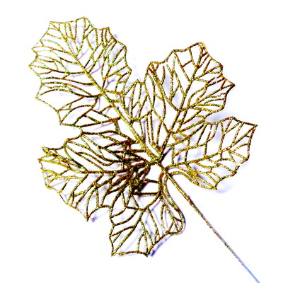 Ornament pt. Craciun, frunza aurie cu glitter, 22x20cm + codita 20cm