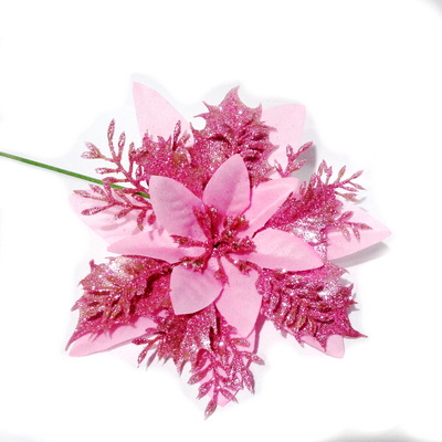 Craciunita roz cu frunza glitter roz, 13-14cm 1 buc