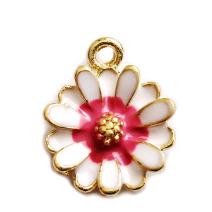 Pandantiv metalic, auriu, emailat, alb cu roz, floare 15x12x3mm