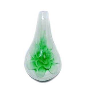 Pandantiv sticla, lampwork, alb cu verde, lacrima 55x31mm