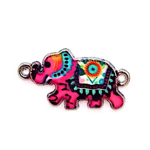 Pandantiv metalic emailat, argintiu cu roz-multicolor, elefant 14x26x2mm