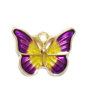 Pandantiv metalic, auriu, emailat, violet cu galben, fluturas 15x20x3mm